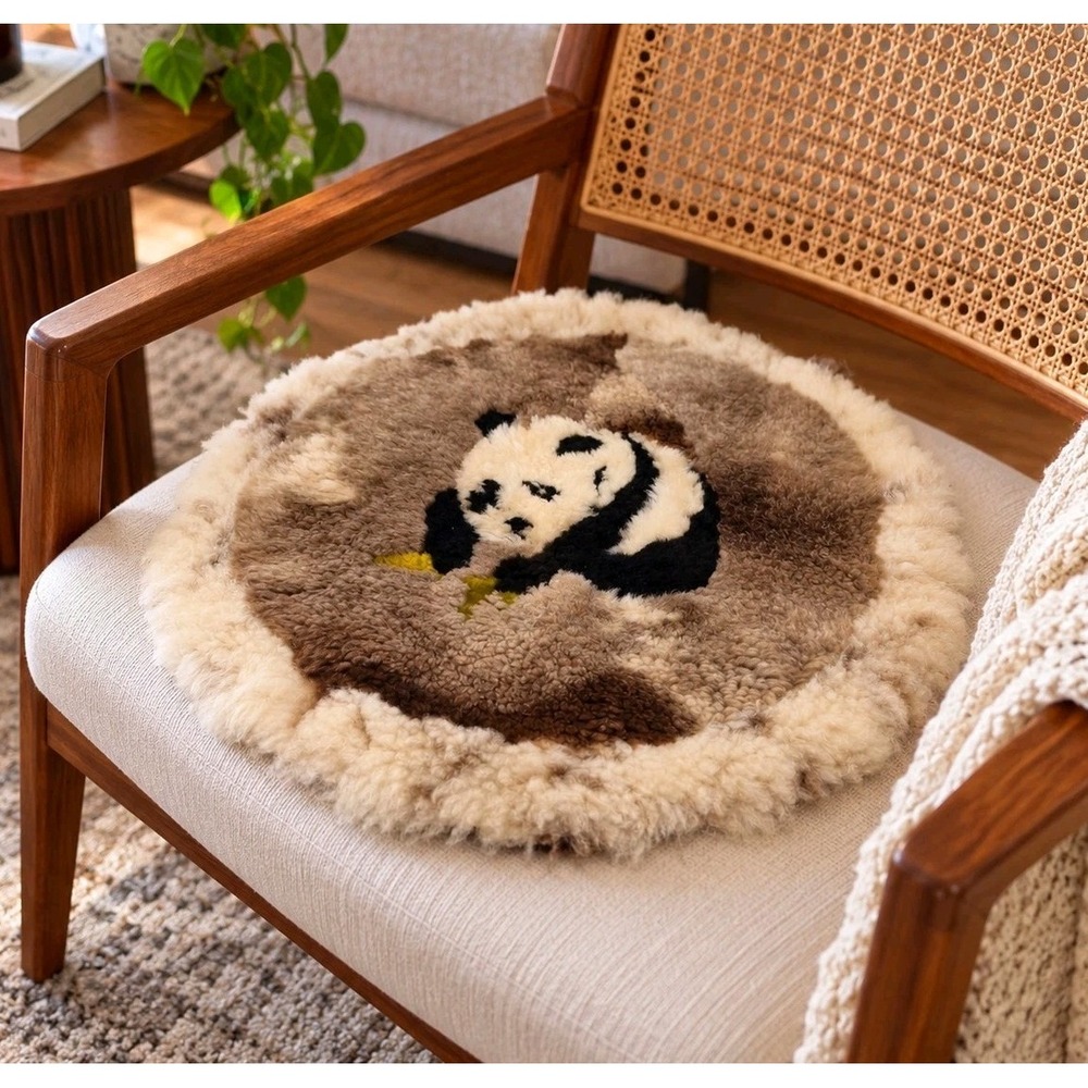 Vintage Dapeng Beijing Panda Alpaca Fur Round Cushion Seat Cover 18" Made China